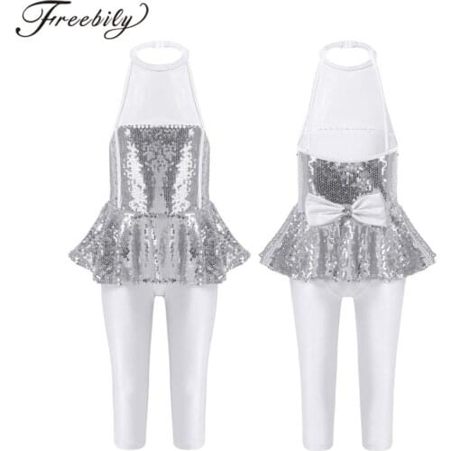 Kids Girls Ballet Leotard Dress Dance Costume Sleeveless Sequins Dance Gymnastics Leotards For Girls Stage Performance Dancewear