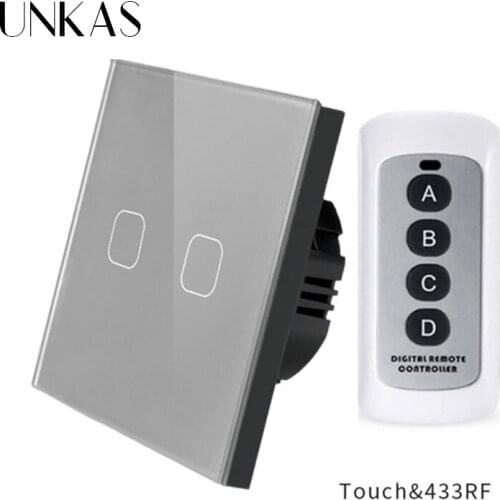 UNKAS 1/2 Gang 1 Way Wireless Remote Control Touch Switch 4 Color LED light Wall Light Switch With Crystal Glass Panel