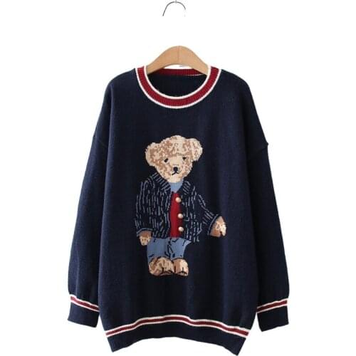 Japan Style Cute Cartoon Bear Jacquard Loose Color Matching O-neck Long Sleeve Sweater Femme Harajuku Jumper Knitted Sweaters