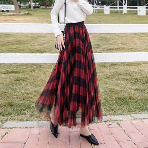 Women Vintage Plaid Pattern Long Tulle Mesh Skirts Casual High Elastic Waist A-Line Pleated Skirts Female 3 Layers Office Skirt