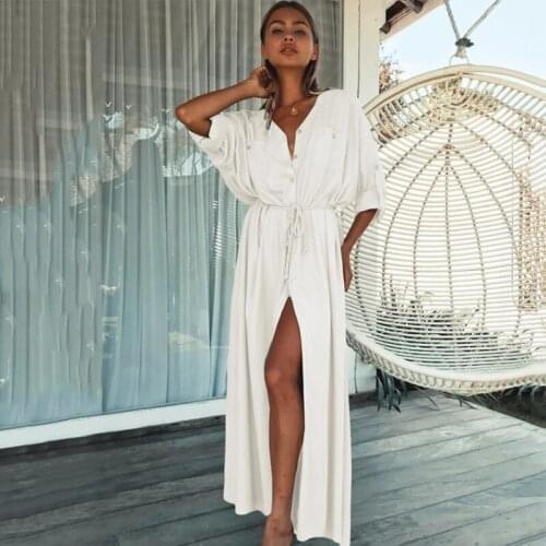 Women Plus Size Beach Wear Swim Suit Cover Up Sexy Bikini Cover-Ups White Long Tunic Cusual Summer Beach Dress Elegant