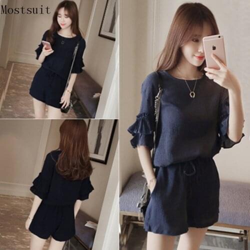 M-4xl 2018 Summer Two Piece Set Women Short Sleeve Tops+shorts Sets Suits Casual Fashion Office Female Set Plus Size Black Navy
