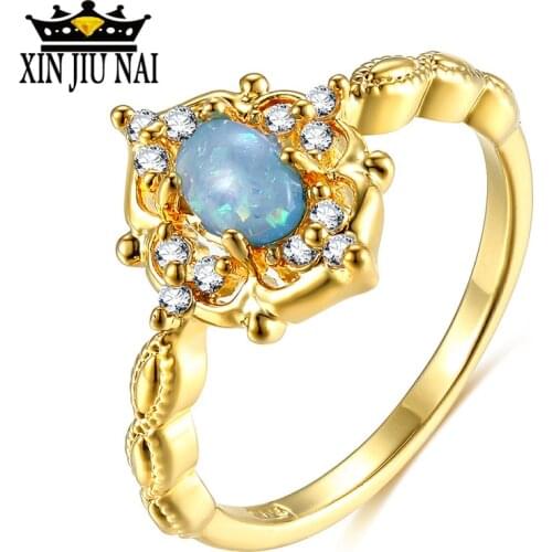 Crystal Female Blue Fire Opal Stone Ring 14k Gold Color Love Wedding Jewelry Promise Engagement Rings For Women New Year Gift