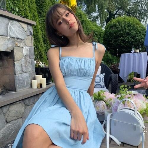 2021 Sweet Summer Dress Square Collar Bandage Sleeveless Camisole Woman Dress Solid High Waist Folds Mini Dress Party Fashion