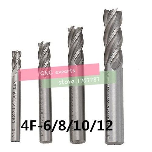 4 Pcs Milling Cutter End Mill CNC Tools HSS Diameter 6/8/10/12mm 4 Blades Flute Straight Shank Tools
