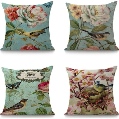 Throw Pillowcase Retro Pillow Cover Bird and Flower Linen Pillow Case 45x45cm Decorative Cushion Cover For Sofa Home Decor