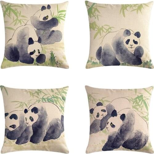 Ink painting Panda print cushion cover car sofa Decorative cotton linen Pillowcase 45x45cm throw pillow cover