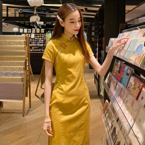 Improved Cheongsam Women Elegant Champagne Qipao Sexy Daily Vintage Yellow Color Classic Vestidos Exquiiate Chinese Dress