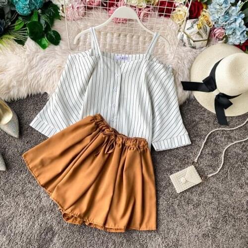 Women 2021 Summer Chiffon two Piece Sets Casual Tops + Shorts Elastic Waist Wide Leg Pants Suit Set 2 Piece Set