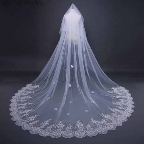 2021 velos de novia 3.8 Meters 2T White&Ivory Sequins Blings Sparkling Lace Edge Purfle Long Cathedral Wedding Veils