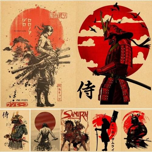 Hot Japanese Samurai Posters Kawaii Kraft Paper Vintage Cartoon Wall Stickers Hoom Art Print Living Room Bar Cafe Decoration