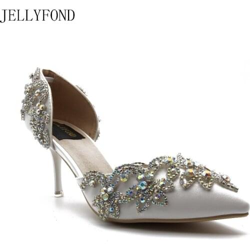 JELLYFOND Luxury White Crystals Women High Heels Pumps Bling AB Rhinestones Diamond Wedding Shoes Bridal Party Dress Shoes Woman