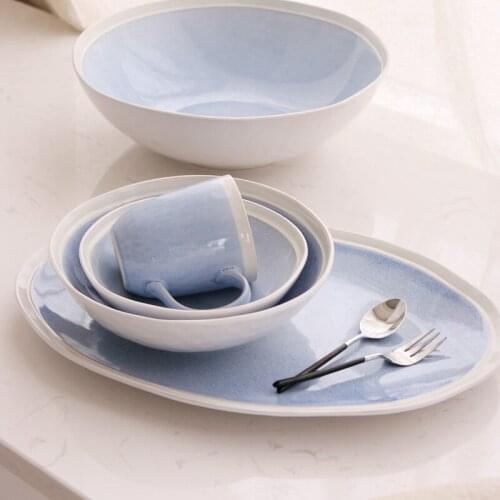 10 Inch Ceramic Dishes & Plates Blue Under Glazed Round Porcelain Cutlery Dish Soup Bowls Mugs Fish Dish Tableware Irregular
