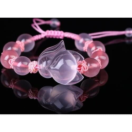 Chinese Natural Pink Agate Chalcedony Jade Fox Elastic Bracelet Jewellery Hand-Carved Relax Healing Women Man Gift Amulet