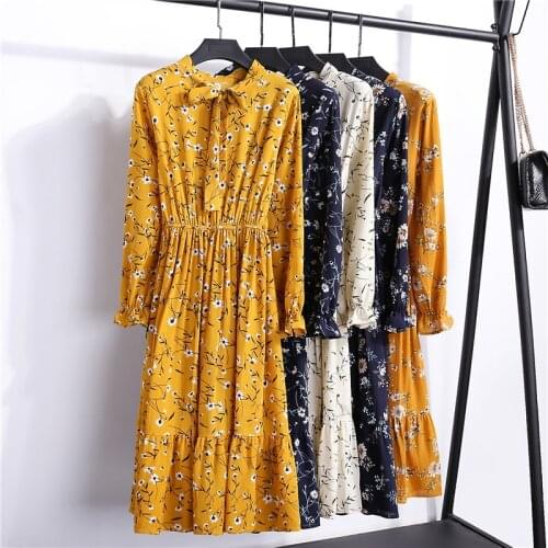 Summer Korean Chiffon Women Dress Elegant Ladies Vintage Long Dress Boho Floral Office Long Sleeve Vestidos Clothing