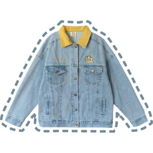 Sweet Cute Womens Jeans Jacket Long Sleeve Pockets Cute Outwear Yellow Collar Kawaii Girls Spring Coat Denim