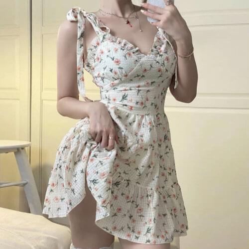 Kawaii Floral Fairy Dress Women Japanese Sweet Lace Up Sleeveless Strap Dress Summer Sexy Korean Princess Mini Dress Women 2021