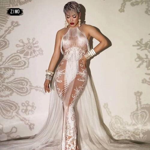 Fashion Nude White tassel long Dress tulle Tail Dance Costume Birthday Celebrate Performance Stretch Dress Prom Singer spandex