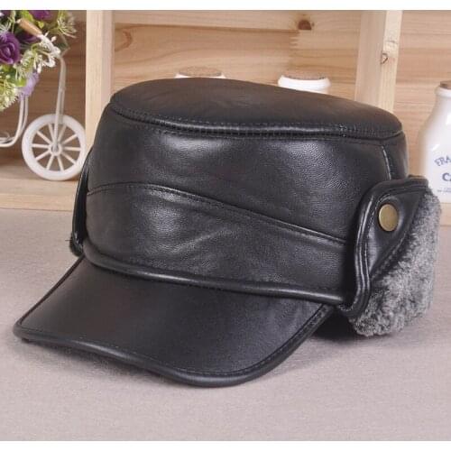 Men Real Leather Baseball Cap Male New Winter Warm Golf Hats Caps Winter Hat Elder Man Warm Earmuffs Flat Leather Hat B-7265