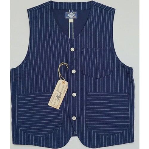 BOB DONG Wabash Stripe Work Vest Vintage 1920s Indigo Blue Mens Denim Jacket L