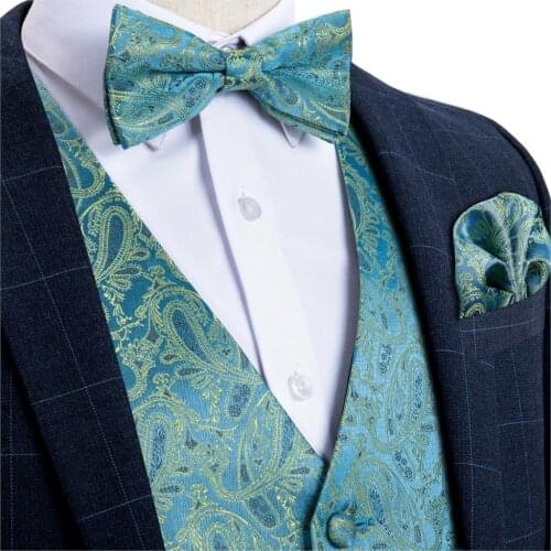 Mens Teal Blue Paisley Fashion Wedding Men Silk Waistcoat Vest Bowties Hanky Cufflink Cravat Set for Suit Tuxedo DiBanGu MJ-114