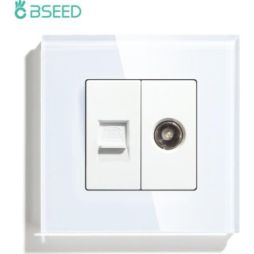 BSEED Telphone Wall Power Sockets TV Wall Socket Outlets Tempered Glass Panel White Black Gold