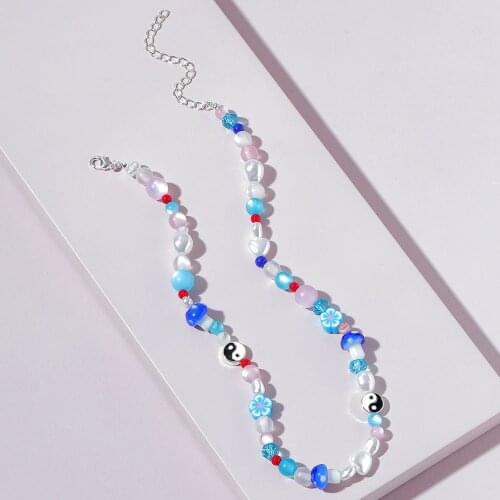 New Fashion Women Yin To Yang Mushroom Flower Soft Pottery Clay Beads Strand Necklace