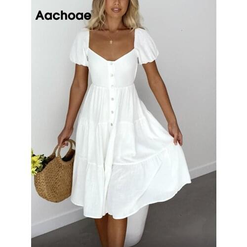 Aachoae Summer Solid Color Elegant A Line Dress Women Puff Short Sleeve Midi Female Square Collar Sundress Vestidos Mujer
