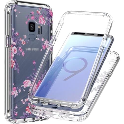 2 in 1 Clear Painted Flower Case for Samsung Galaxy S9 G960F Hard PC Bumper + Soft TPU 360 Full Protective Phone Back Cover