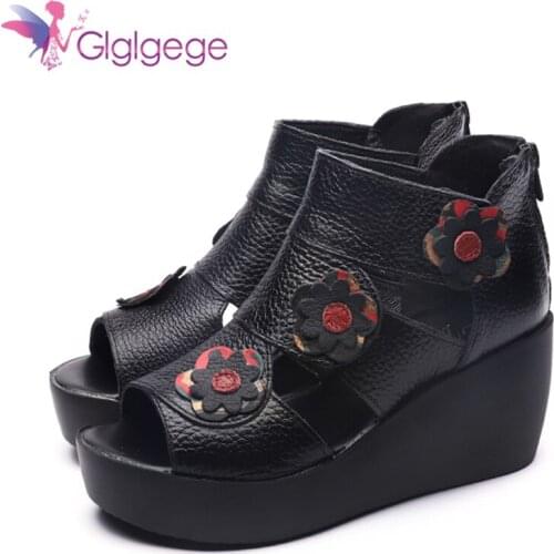 Glglgege 2019 Women Genuine Leather High heel Platform Sandals Ladies Wedges Sandals Restoring Ancient Women Fish Mouth Shoes