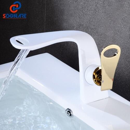 SOGNARE Contemporary Bathroom Basin Sink Faucet White Deck Mounted Bath Faucets Brass Mixer Tap Hot Cold Water Crane Griferia