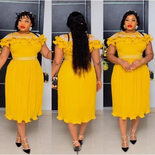 Yellow Lace Midi Dress for Women Summer African Women New White Pencil Dresses Slim African Fashion Plus Size Clothing