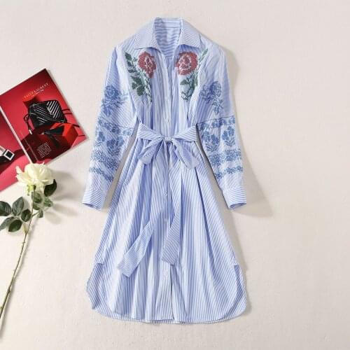 Womens European and American clothing 2021 autumn new style Long sleeve lapel striped print embroidery Fashionable dress