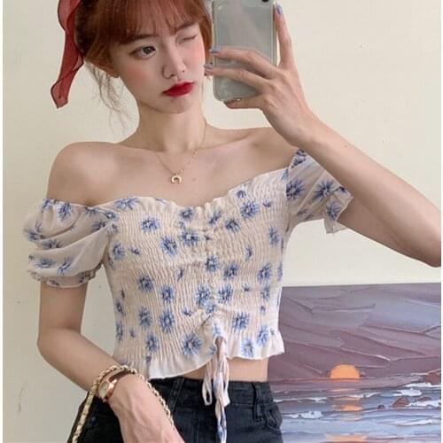 WomenS Summer Chiffon Shirts Sweet Style Floral Print Slash Neck Blouses Sexy Pleated Puff Short Sleeve Tops