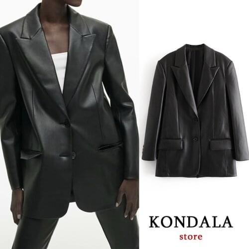 Za 2021 Chic Black Office Lady PU Oversized Long Women Blazer Long Sleeve V Neck Pockets Leather Vintage Jackets Bussiness Wear