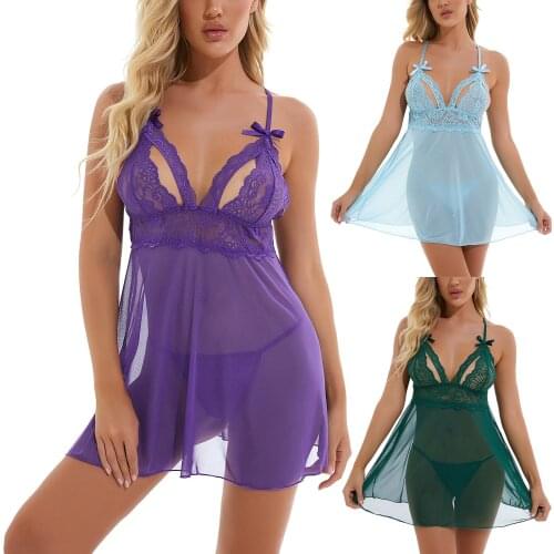 Women’s Lingerie Two Piece Set Fashion Solid Color Lace Hollow Suspender Dress and Low Waist Thong Lace fun pajamas