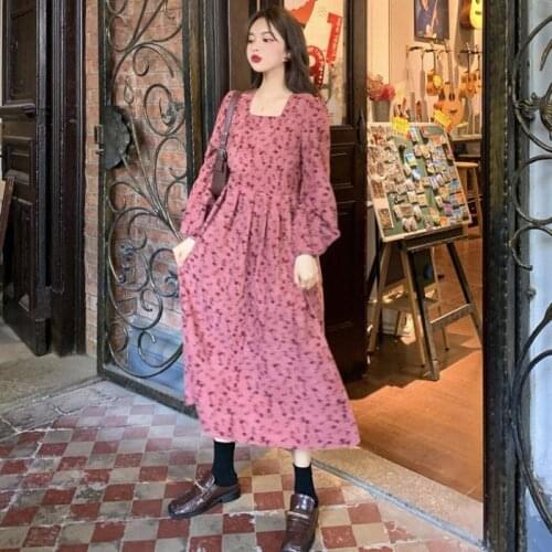 Bella Philosophy new Korean Square Collar Open Collarbone Print Dress High Waist Hip A Line Vestido Conduory New Ropa Midi Dress