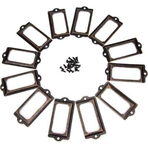 12Pcs Antique Brass Metal Label Pull Frame Handle File Name Card Holder For Furniture Cabinet Drawer Box Case With Screws Set