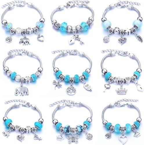 2021 Newest Light Blue Zinc Alloy Big Hole Bead Bracelet Adjustable DIY Jewelry Inlaid Zircon Round Bead Bangle Pandora-Style