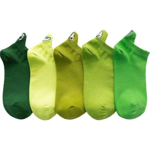 5 Pairs Women Girls Cartoon Avocado Embroidery Ankle Short Socks Bright Green Low Cut Summer Casual Cotton Hosiery