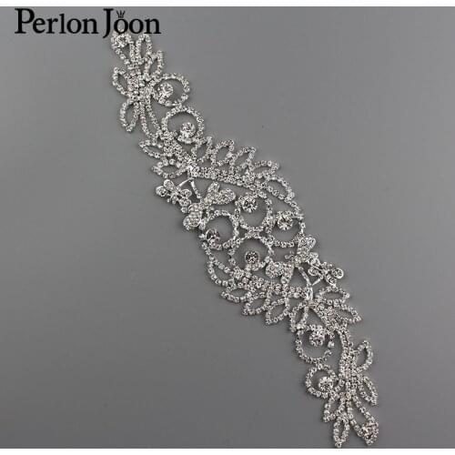 9*2.2 inch Flashing Long Flower Crystal Applique Rhinestone Patch Sew for Bridal Headdress Wedding Dress Accessories YH C010