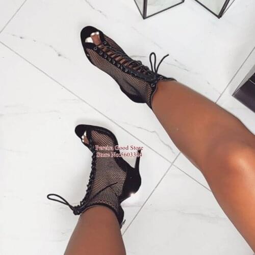 Black Mesh Lace up Ankle Boots Peep Toe Back Zip Hollow Dress Shoes Stiletto Heel Gladiator Sandals Boot Customized Drop Ship