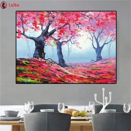 Diy diamond embroidery pink landscape tree diamond painting full square mosaic 5d picture of rhinestone