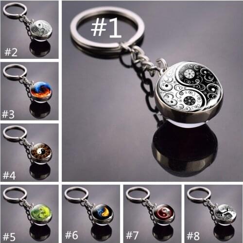 Double Side Crystal Ball Keychain Yin Yang Tai Chi Keychain Glass Round Keyrings Zen Meditation Symbol Keychain Christmas Gifts