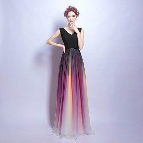 Elegant V-neck Evening Dress Sleeveless Long Gradient Chiffon Women Formal Party Dress 2019 Hot Sale Robe De Soiree Evening Gown