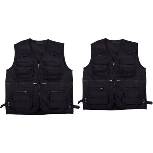 2x Mens Fishing Vest with Multi-Pocket Zip for Photography / Hunting / Travel Outdoor Sport - Black, XL & XXXL