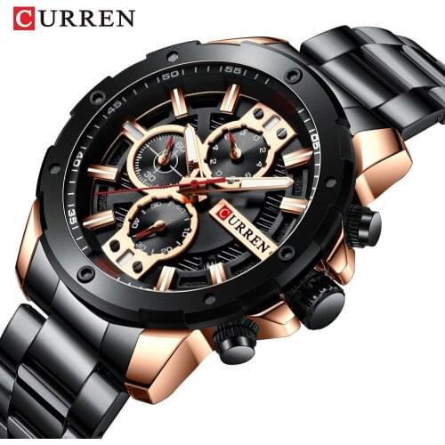 2019 New CURREN Stainless Steel Watch Men Luxury Business Dress Black Quartz Watch Sport Chronograph Clocks with Calendar
