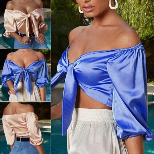 New Club Womens Solid Short Sexy Satin Silk Tie Knot Crop Top Ladies Front Flared Sleeve V Neck Top
