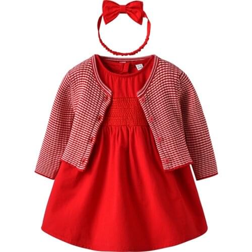 Baby Girl Dress with Cardigan & Headband Princess 1 year birthday dress Red Cute Infant Baby Clothes Gift for baby girl