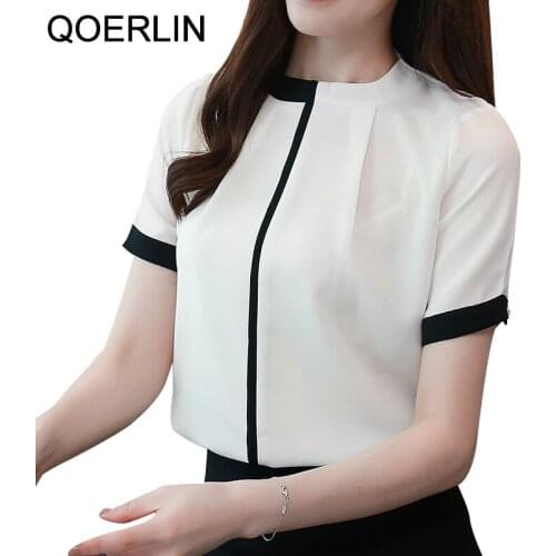 QOERLIN 2XL OL Style Tops Shirts Women 2021 New Korean Style Stand-up Collar Short Sleeve Contrast Chiffon Shirt Female Workwear